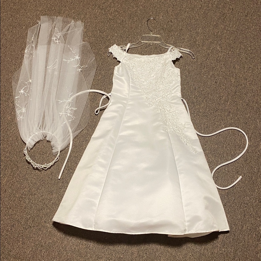 American Princess White Satin Flower Girl Dress with Veil